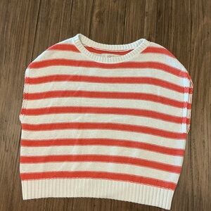 LOFT Coral and White Striped Crew Neck Sleeveless Sweater